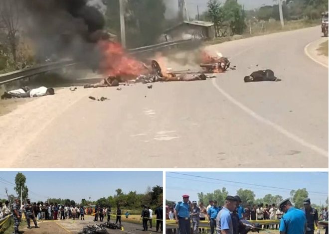 दुईवटा मोटरसाइकल  एकआपसमा ठोक्किए, आगलागी हुदा  तीन जना विद्यार्थीको जलेर ज्यान गयो