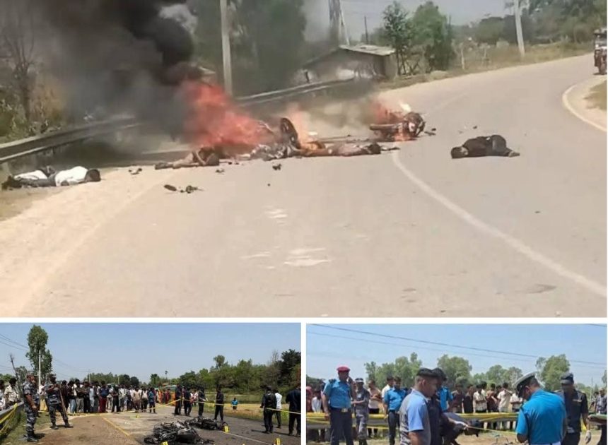 दुईवटा मोटरसाइकल  एकआपसमा ठोक्किए, आगलागी हुदा  तीन जना विद्यार्थीको जलेर ज्यान गयो