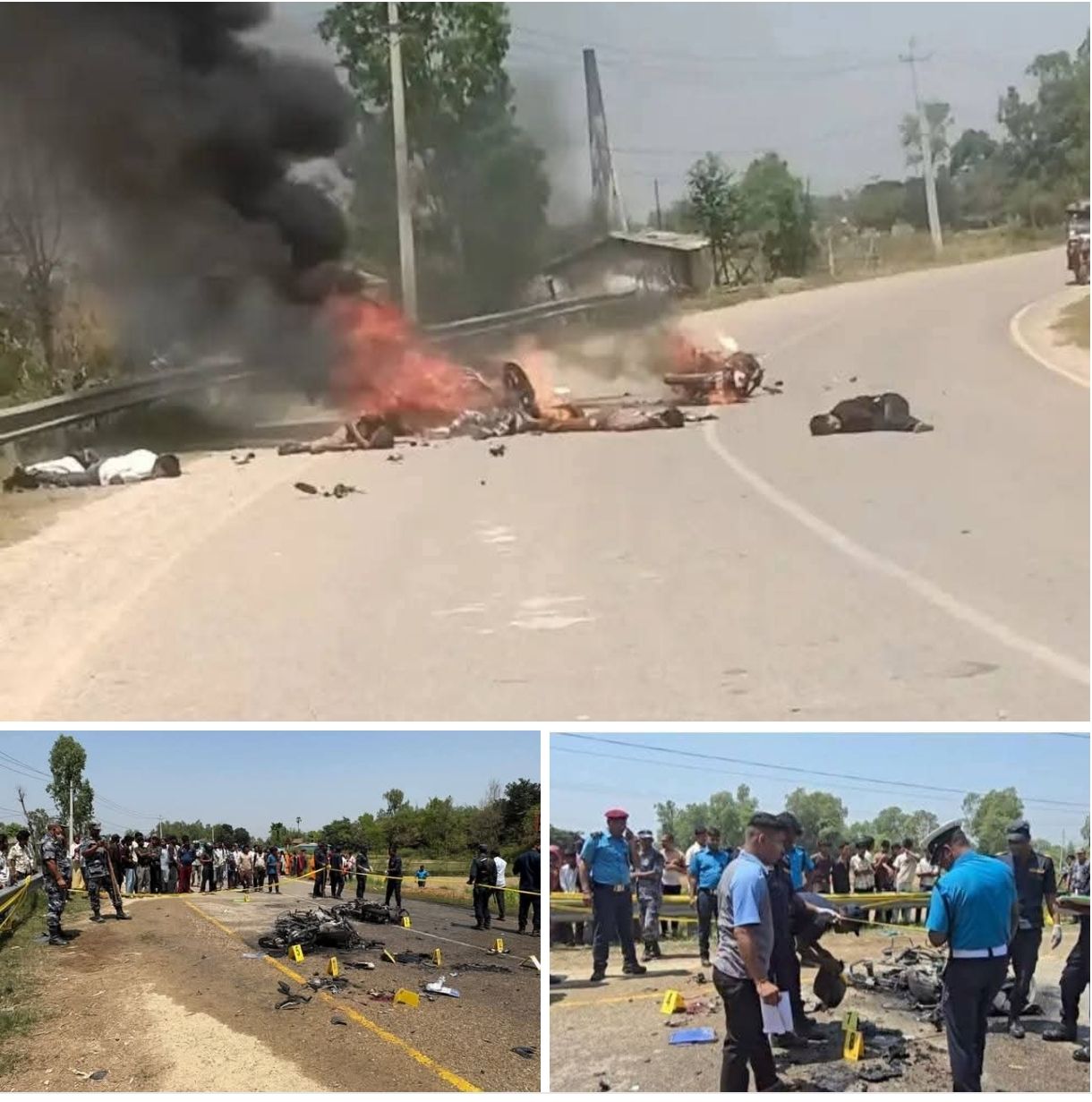 दुईवटा मोटरसाइकल  एकआपसमा ठोक्किए, आगलागी हुदा  तीन जना विद्यार्थीको जलेर ज्यान गयो